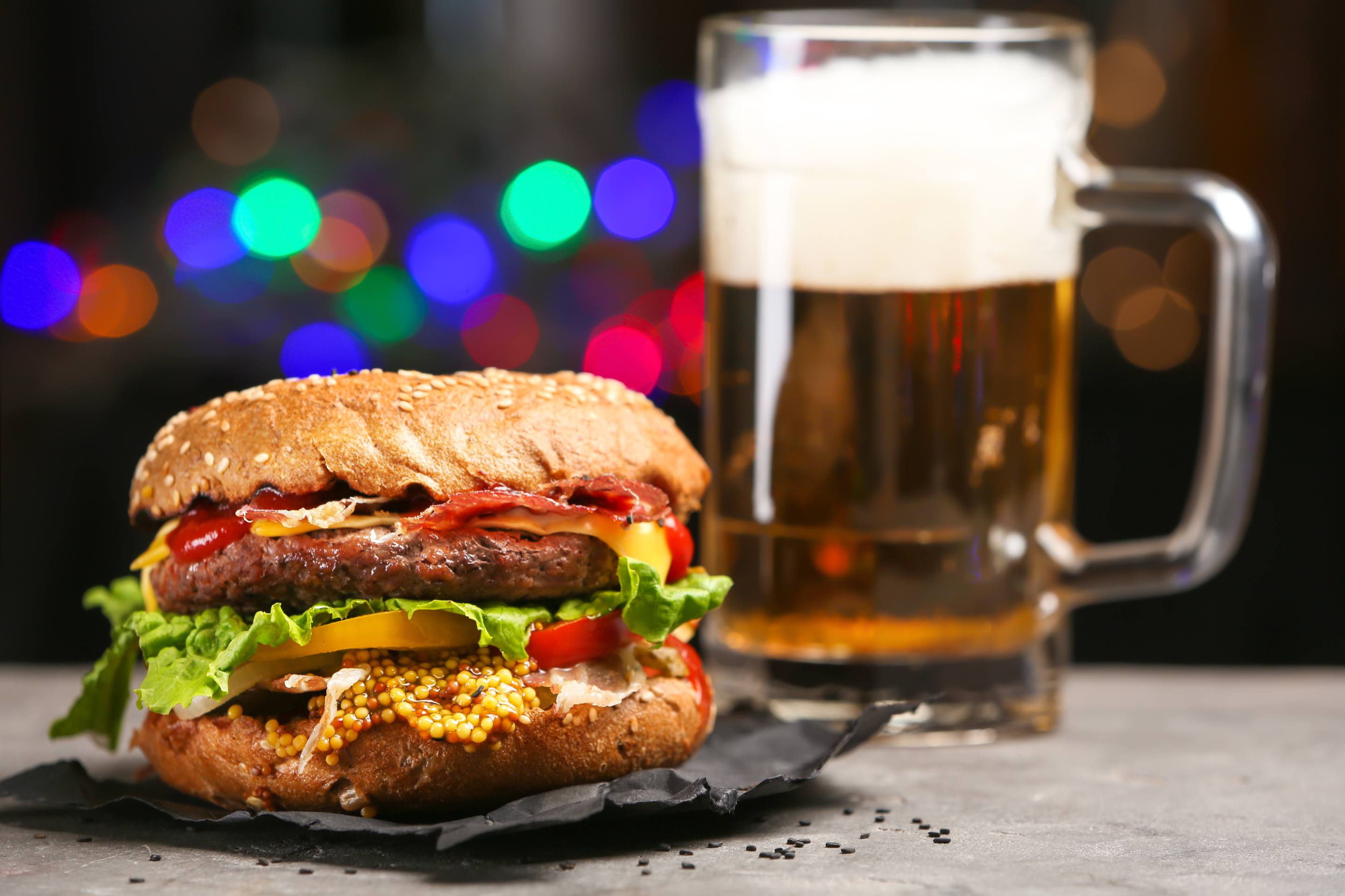 Tasty Burger on Slate Plate and Beer